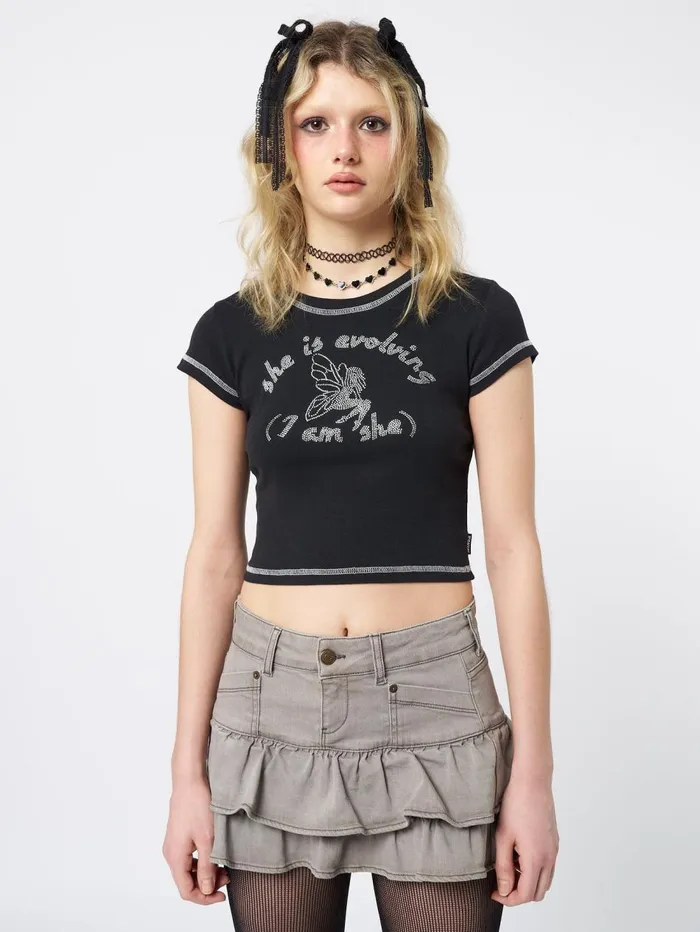 Women Minga London Tops and TShirts She Is Evolving Black Baby Tee