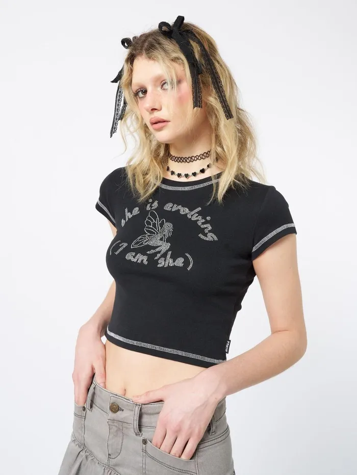 Women Minga London Tops and TShirts She Is Evolving Black Baby Tee