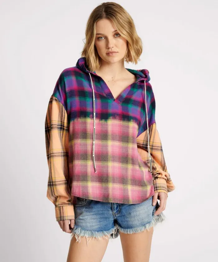 Women MIXED FLANNEL HOODED SHIRT One Teaspoon Shirts