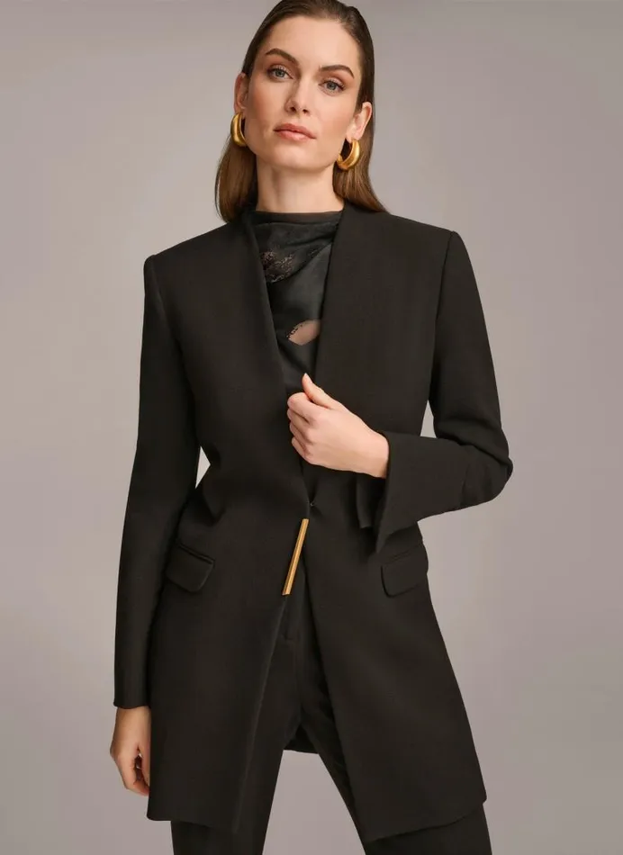 Women ONE BUTTON COLLARLESS TOPPER Black Donna Karan New York Jackets And Blazers