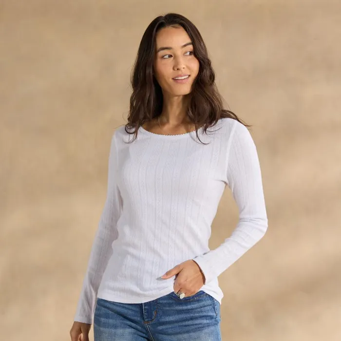 Women Perfect Pointelle Crewneck White Sundance Catalog Tops