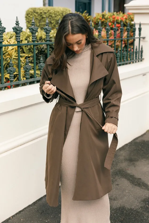 Women Petal and Pup Billy Button Front Trench Coat Chocolate Brown Jackets and Coats