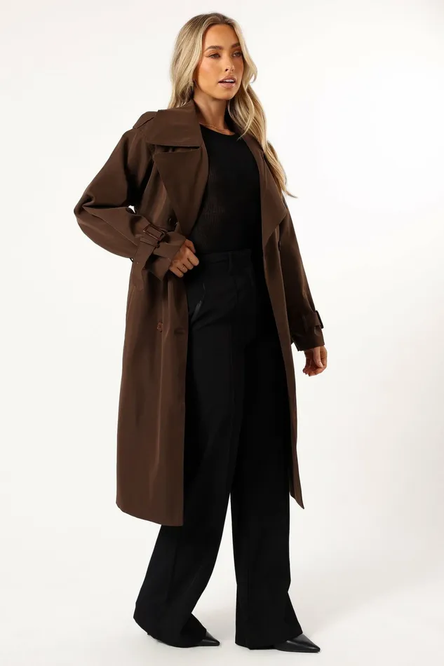Women Petal and Pup Billy Button Front Trench Coat Chocolate Brown Jackets and Coats