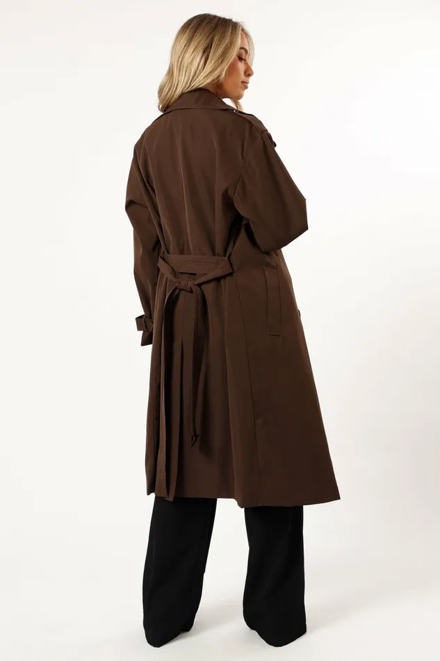 Women Petal and Pup Billy Button Front Trench Coat Chocolate Brown Jackets and Coats
