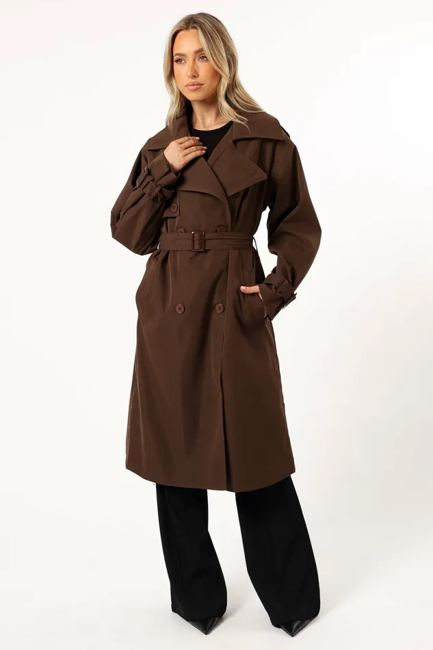 Women Petal and Pup Billy Button Front Trench Coat Chocolate Brown Jackets and Coats