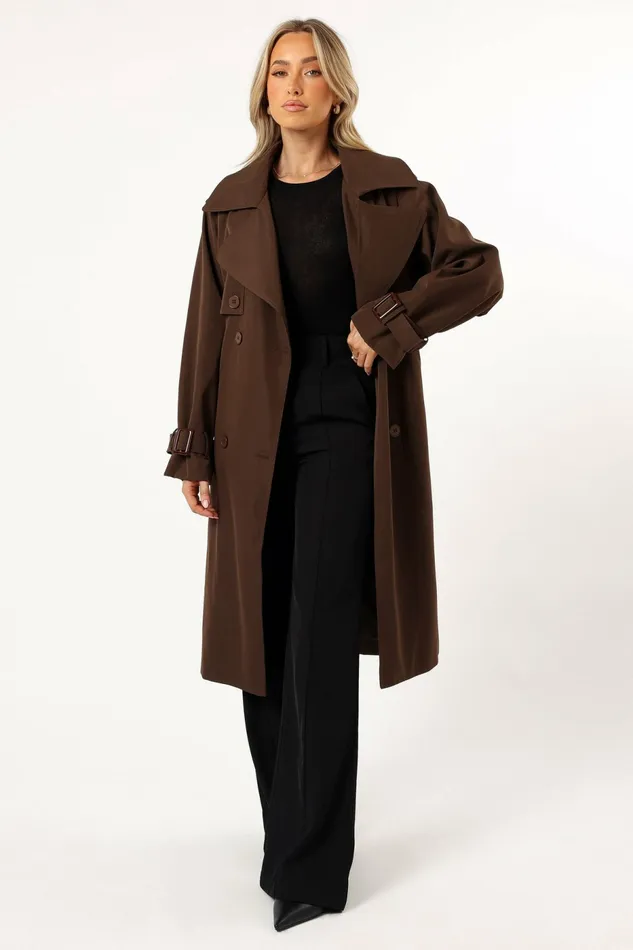 Women Petal and Pup Billy Button Front Trench Coat Chocolate Brown Jackets and Coats