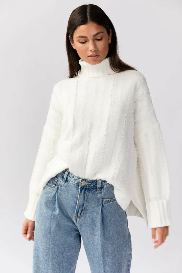 Women Petal and Pup Dana Turtleneck Fringe Knit Sweater White Sweaters