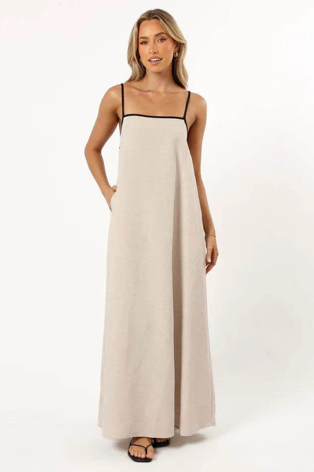 Women Petal and Pup Elliana Maxi Dress Beige Linen Dresses