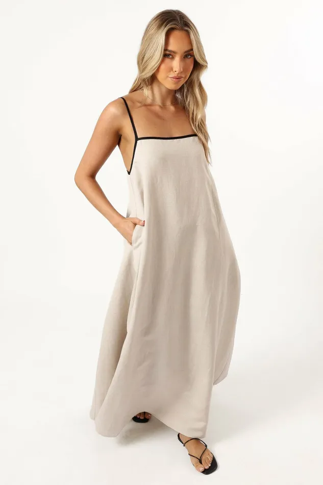 Women Petal and Pup Elliana Maxi Dress Beige Linen Dresses