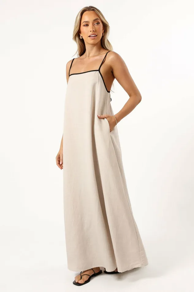 Women Petal and Pup Elliana Maxi Dress Beige Linen Dresses