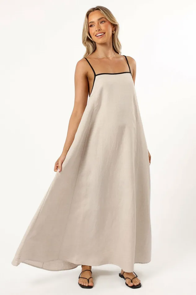 Women Petal and Pup Elliana Maxi Dress Beige Linen Dresses