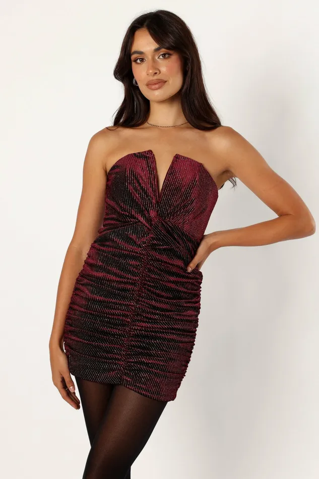 Women Petal and Pup Gilbert Ruched Mini Dress Merlot Dresses