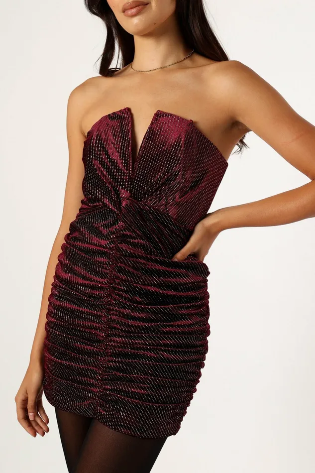 Women Petal and Pup Gilbert Ruched Mini Dress Merlot Dresses