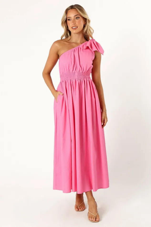 Women Petal and Pup Kailey One Shoulder Maxi Dress Hot Pink Linen Dresses