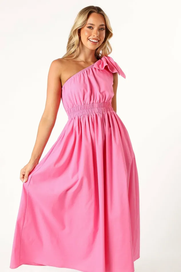 Women Petal and Pup Kailey One Shoulder Maxi Dress Hot Pink Linen Dresses