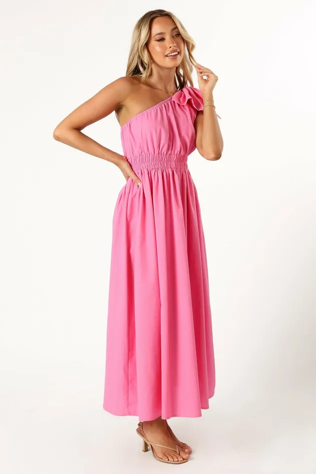 Women Petal and Pup Kailey One Shoulder Maxi Dress Hot Pink Linen Dresses