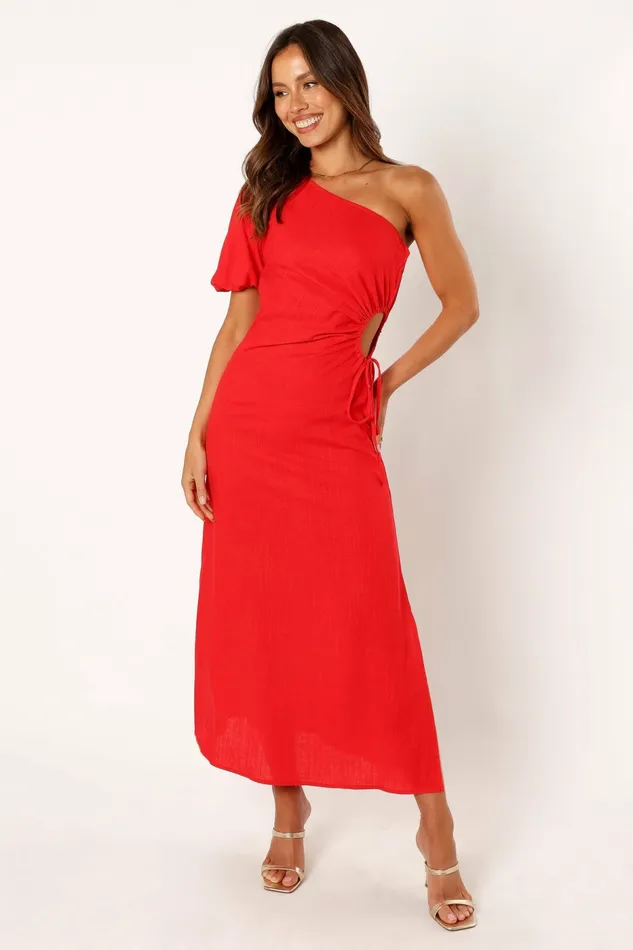 Women Petal and Pup Kimmie One Shoulder Cut Out Midi Dress Red Linen Dresses