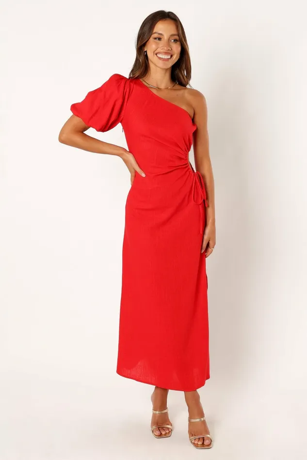 Women Petal and Pup Kimmie One Shoulder Cut Out Midi Dress Red Linen Dresses