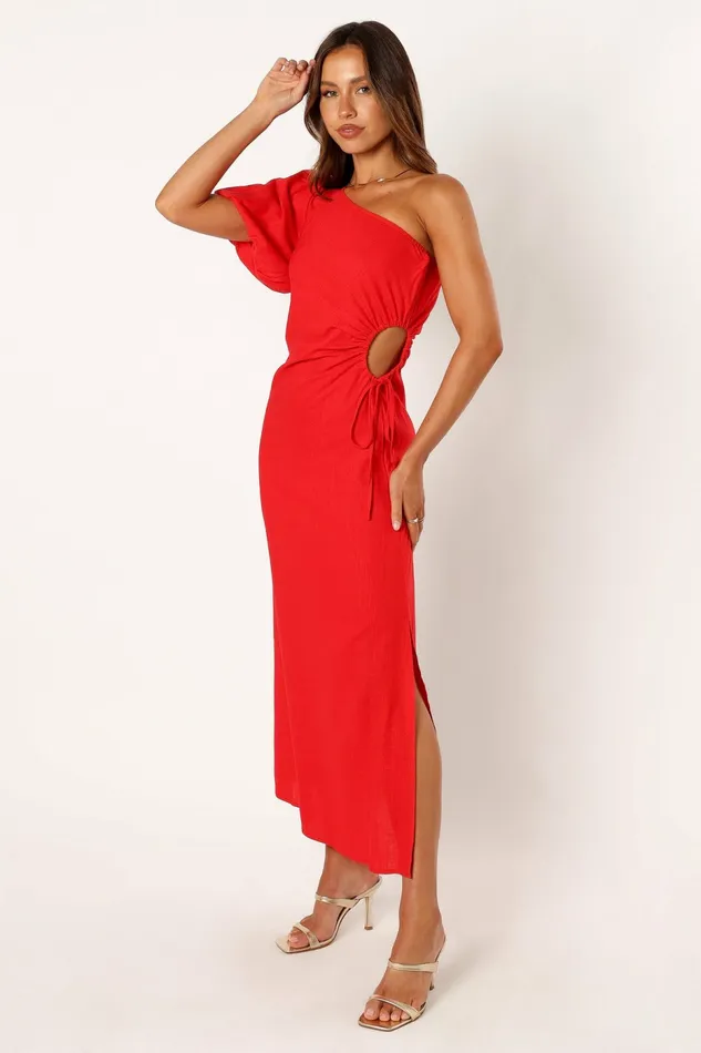 Women Petal and Pup Kimmie One Shoulder Cut Out Midi Dress Red Linen Dresses