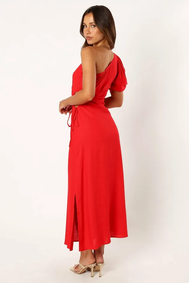 Women Petal and Pup Kimmie One Shoulder Cut Out Midi Dress Red Linen Dresses