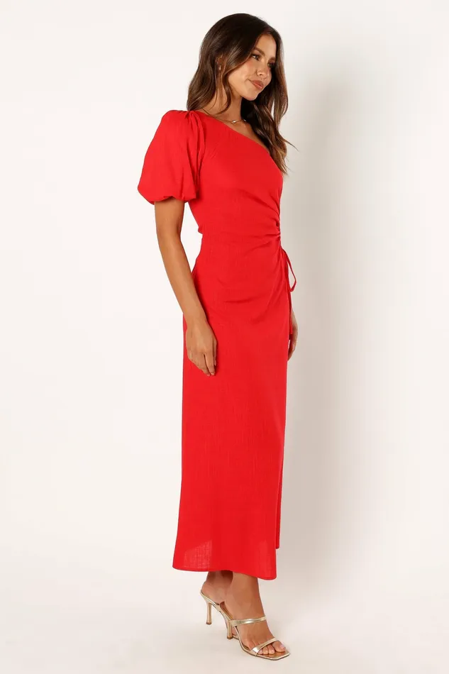 Women Petal and Pup Kimmie One Shoulder Cut Out Midi Dress Red Linen Dresses