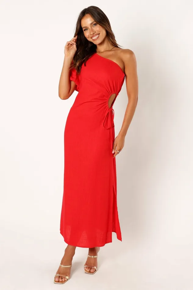 Women Petal and Pup Kimmie One Shoulder Cut Out Midi Dress Red Linen Dresses