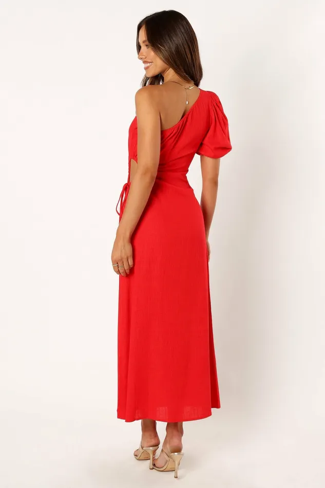 Women Petal and Pup Kimmie One Shoulder Cut Out Midi Dress Red Linen Dresses