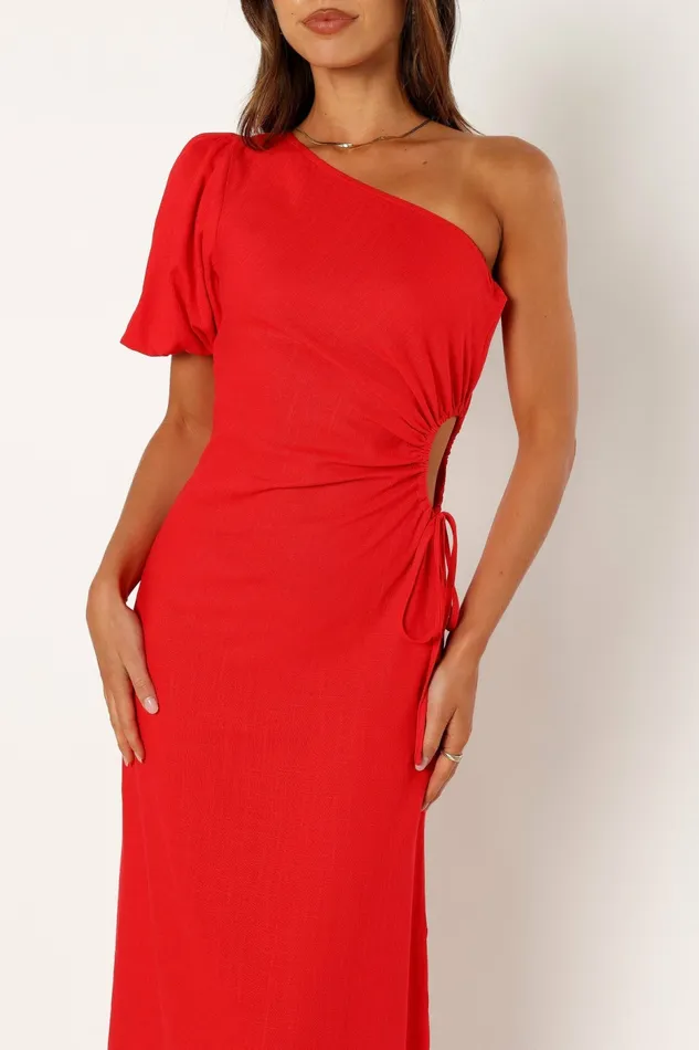 Women Petal and Pup Kimmie One Shoulder Cut Out Midi Dress Red Linen Dresses