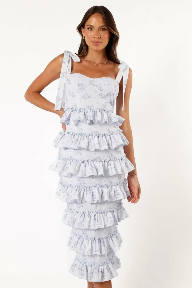 Women Petal and Pup Marina Frilled Midi Dress Blue Floral Floral Dresses