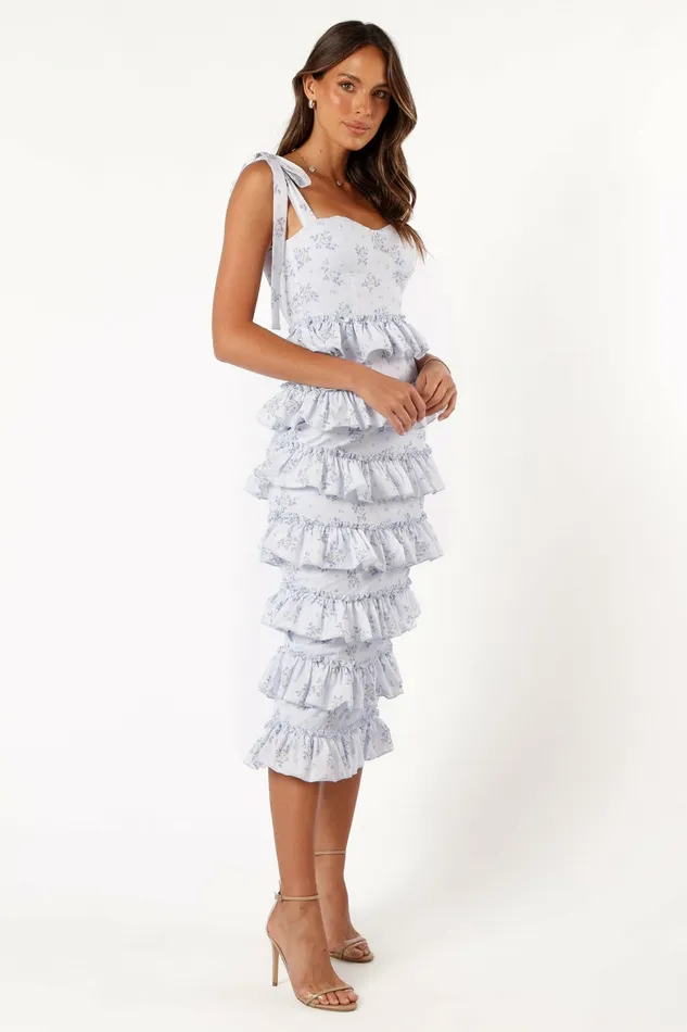 Women Petal and Pup Marina Frilled Midi Dress Blue Floral Floral Dresses