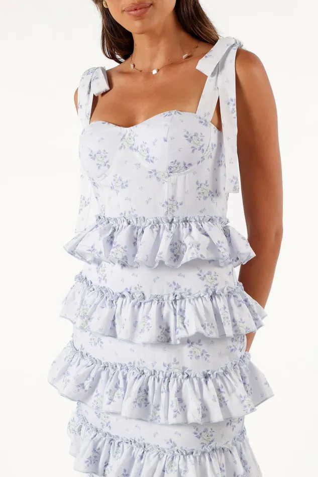 Women Petal and Pup Marina Frilled Midi Dress Blue Floral Floral Dresses