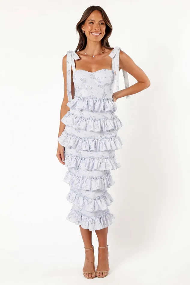 Women Petal and Pup Marina Frilled Midi Dress Blue Floral Floral Dresses