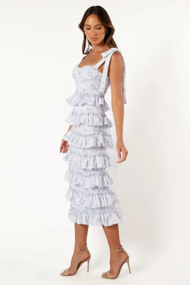Women Petal and Pup Marina Frilled Midi Dress Blue Floral Floral Dresses