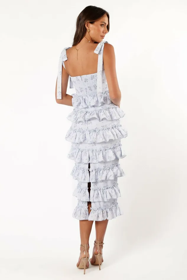 Women Petal and Pup Marina Frilled Midi Dress Blue Floral Floral Dresses