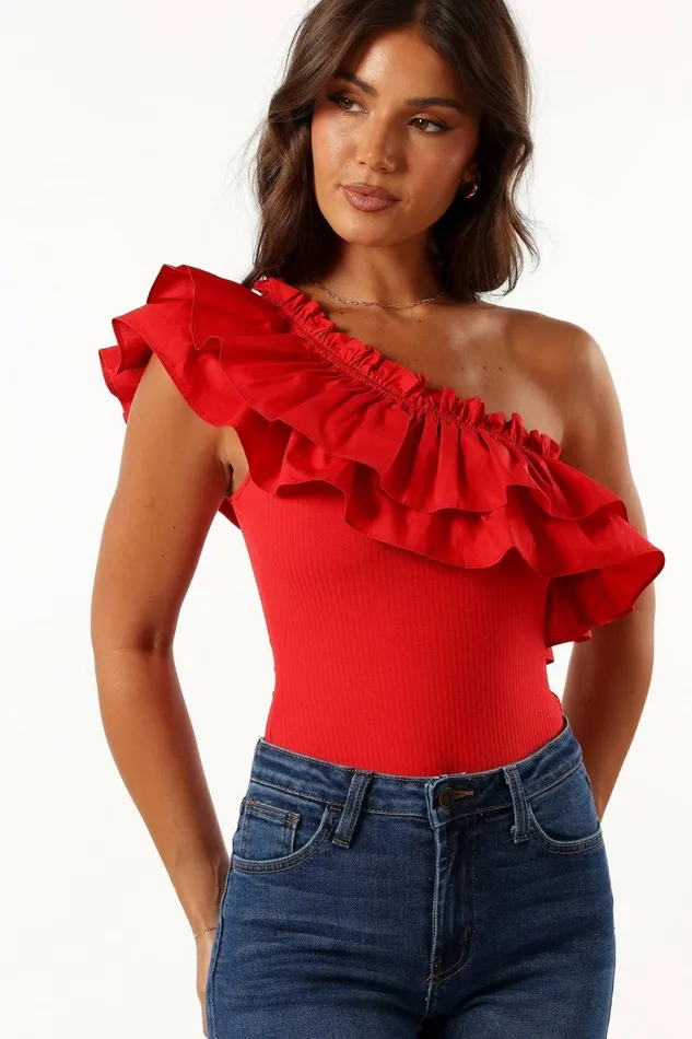 Women Petal and Pup Meena One Shoulder Bodysuit Red Bodysuits