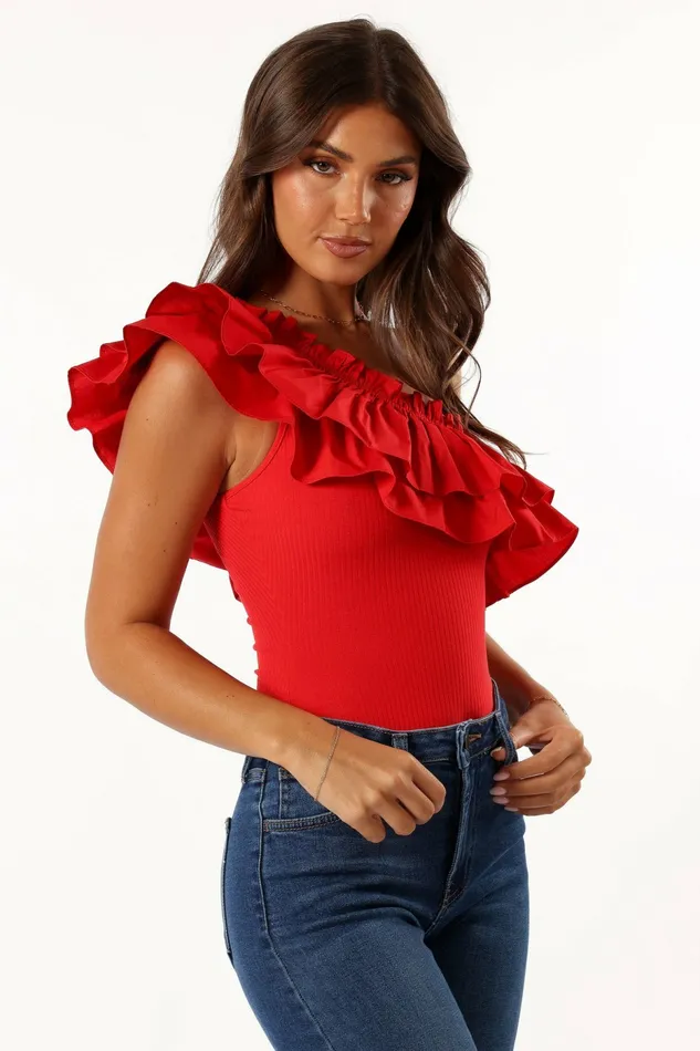 Women Petal and Pup Meena One Shoulder Bodysuit Red Bodysuits