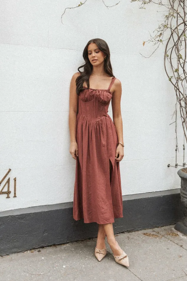 Women Petal and Pup Sofie Midi Dress Brick Winter Dresses
