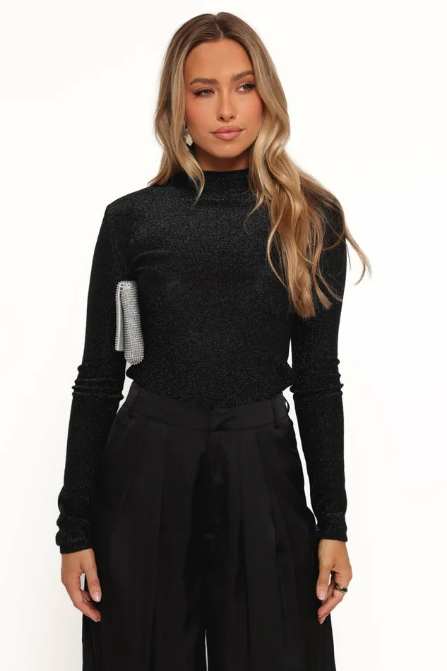 Women Petal and Pup Tassie Cowlneck Lurex Shimmer Knit Sweater Black Blouses and Shirts