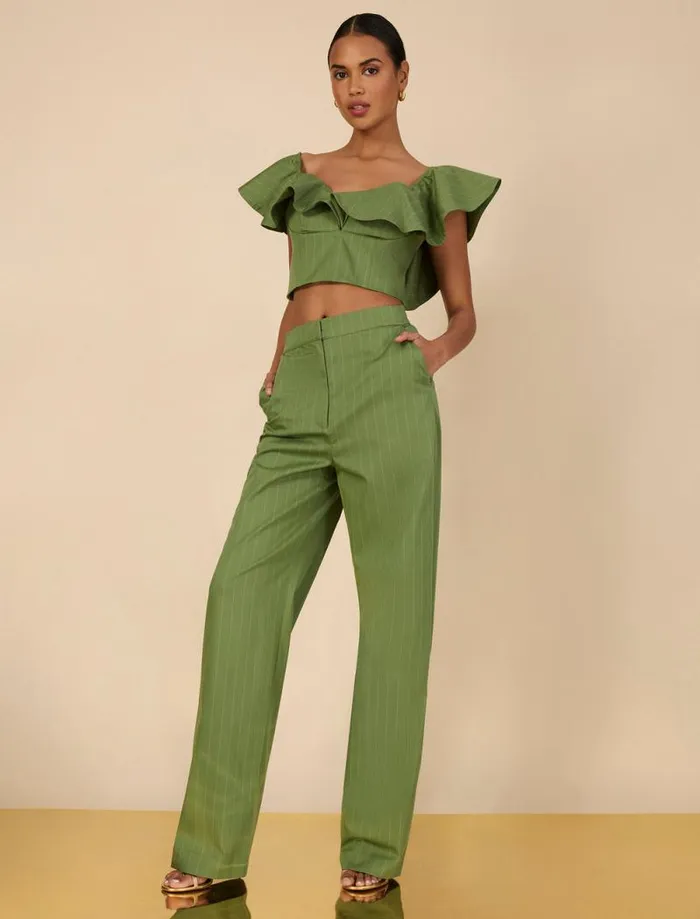 Women Pinstripe Trouser Green Stripe BCBG Bottoms