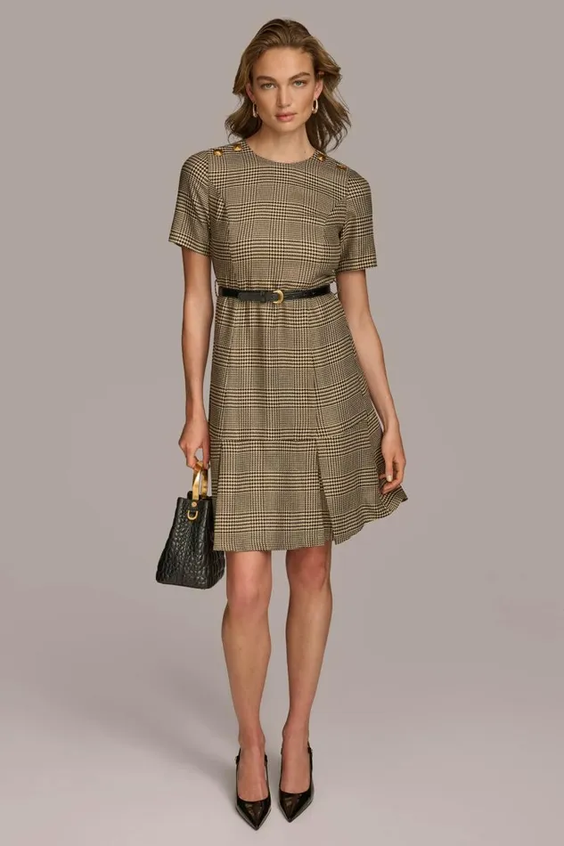 Women PLEATED PLAID DRESS WITH BELT Blackfawngold Donna Karan New York Dresses And Jumpsuits Women PLEATED PLAID DRESS WITH BELT Blackfawngold Donna Karan New York Dresses And Jumpsuits