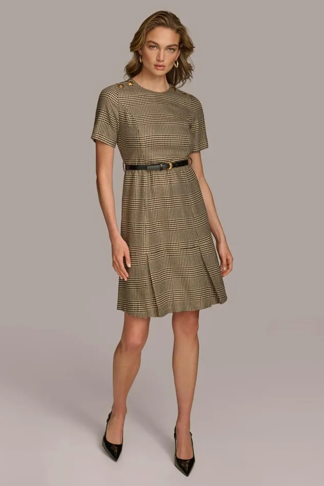 Women PLEATED PLAID DRESS WITH BELT Blackfawngold Donna Karan New York Dresses And Jumpsuits Women PLEATED PLAID DRESS WITH BELT Blackfawngold Donna Karan New York Dresses And Jumpsuits