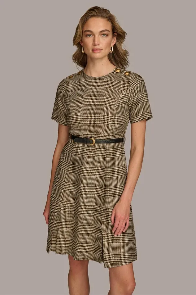 Women PLEATED PLAID DRESS WITH BELT Blackfawngold Donna Karan New York Dresses And Jumpsuits Women PLEATED PLAID DRESS WITH BELT Blackfawngold Donna Karan New York Dresses And Jumpsuits