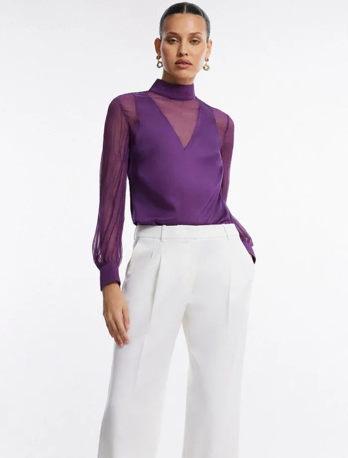 Women Plunging Sheer Panel Top Plum BCBG Tops