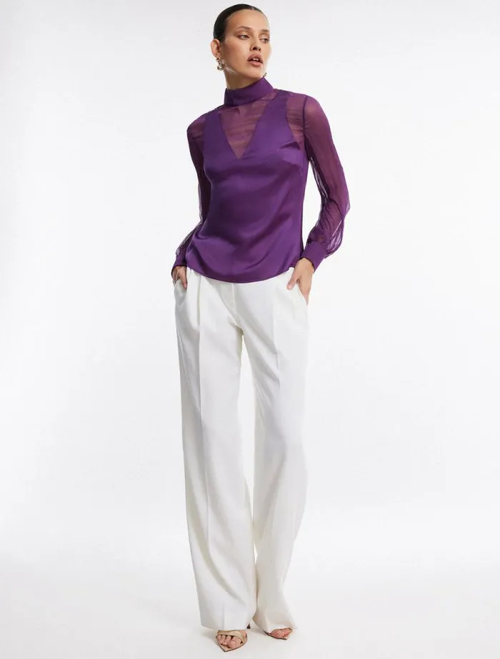 Women Plunging Sheer Panel Top Plum BCBG Tops Women Plunging Sheer Panel Top Plum BCBG Tops