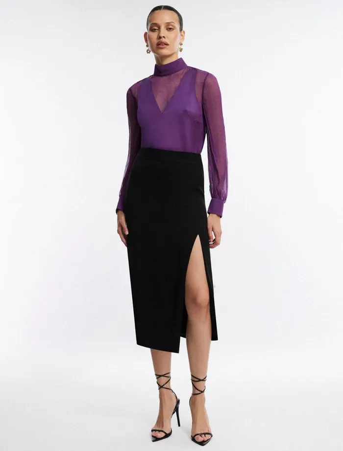 Women Plunging Sheer Panel Top Plum BCBG Tops Women Plunging Sheer Panel Top Plum BCBG Tops
