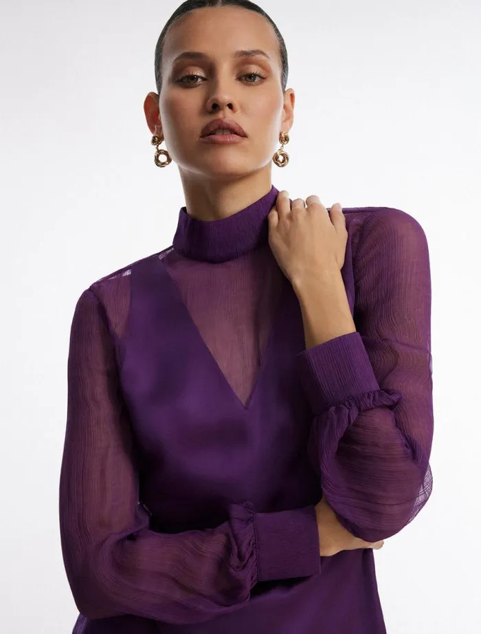 Women Plunging Sheer Panel Top Plum BCBG Tops Women Plunging Sheer Panel Top Plum BCBG Tops