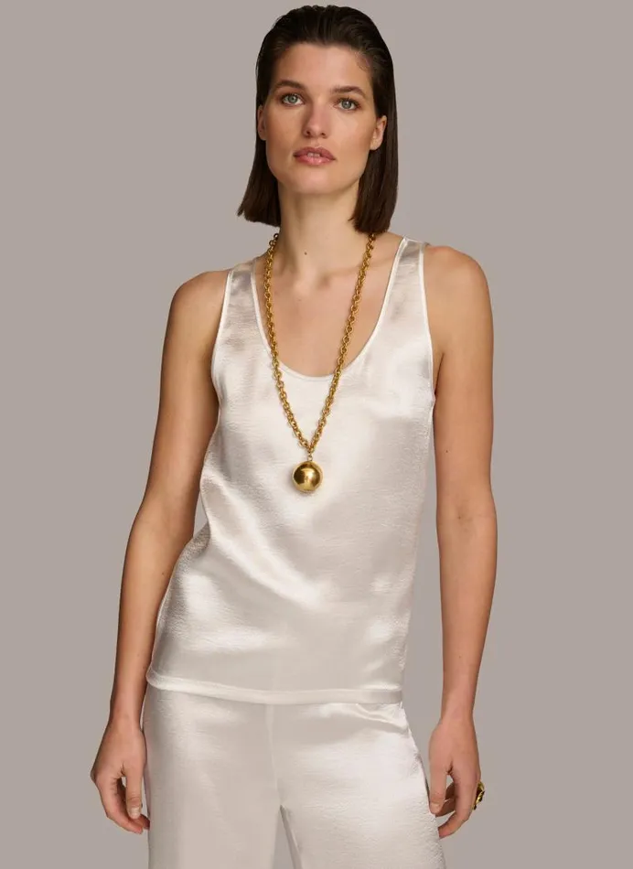 Women ROUND NECK SHINY TANK Cream Donna Karan New York Sweaters And Tops