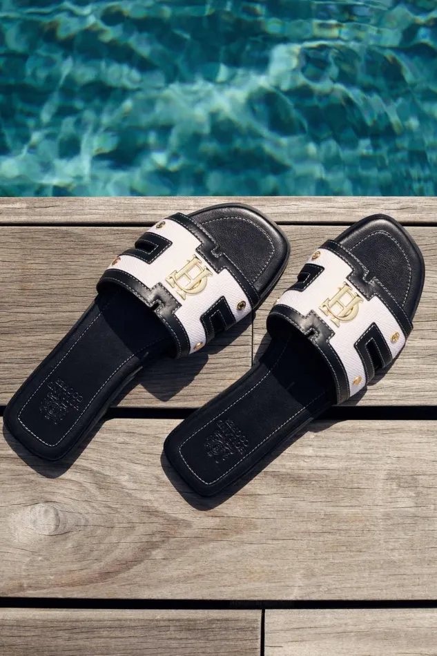 Women Sandals and Slides Holland Cooper Monogram Slides Black Canvas