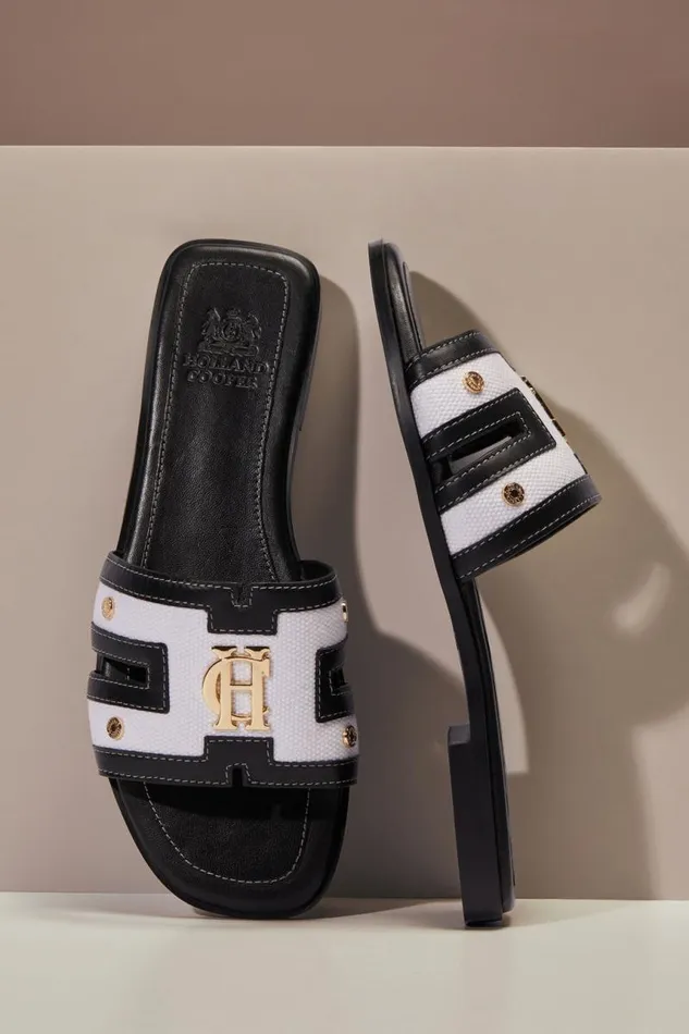 Women Sandals and Slides Holland Cooper Monogram Slides Black Canvas Women Sandals and Slides Holland Cooper Monogram Slides Black Canvas