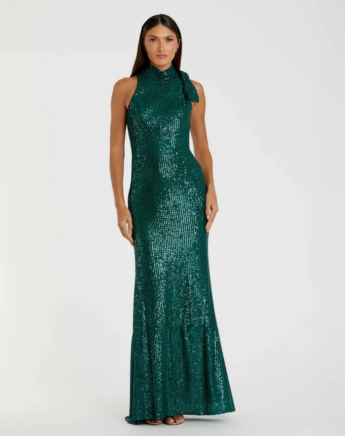 Women Sequined Soft Tie Halter Neck Column Gown Teal Evening Gowns Mac Duggal